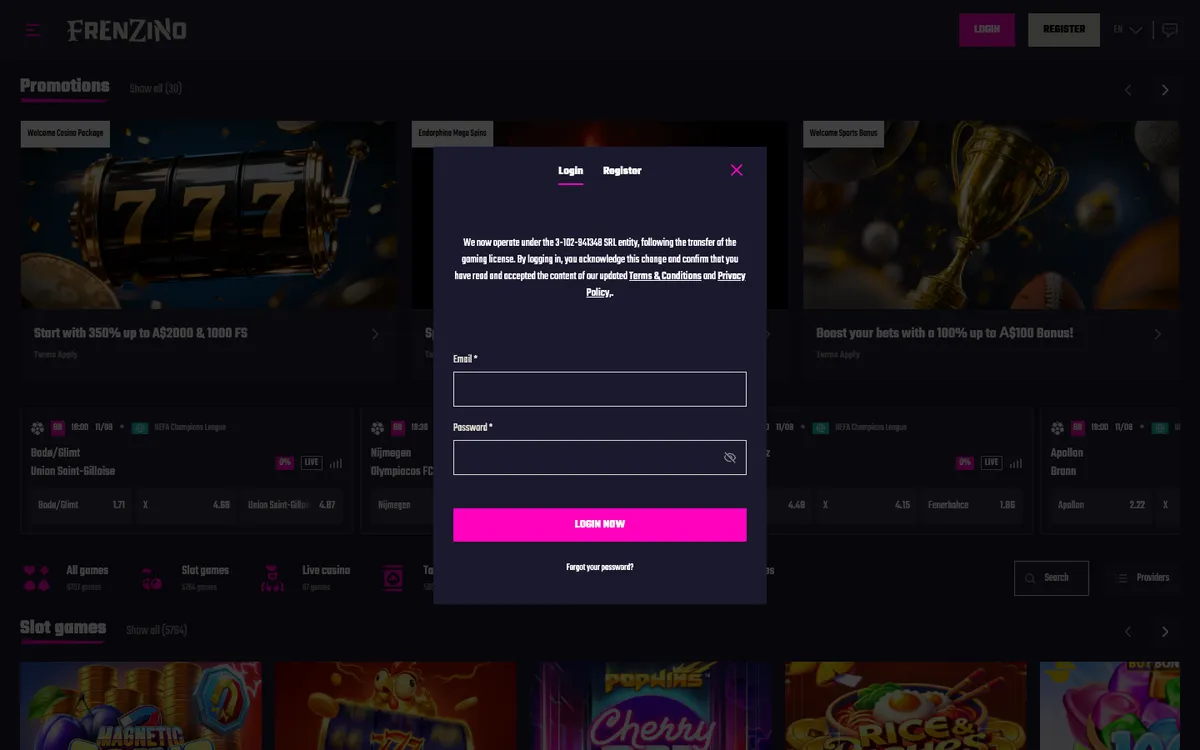 Frenzino Casino — Sign-up, captured from Australia