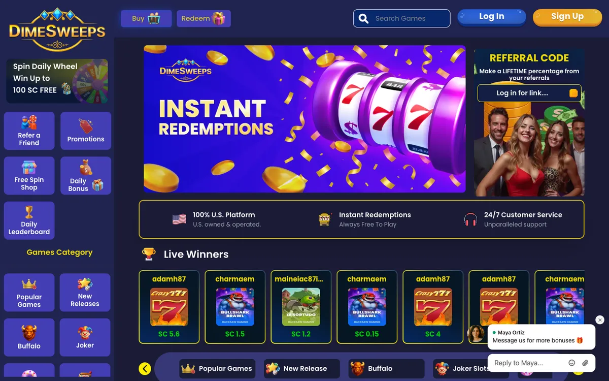 DimeSweeps Casino — Home page, captured from United States