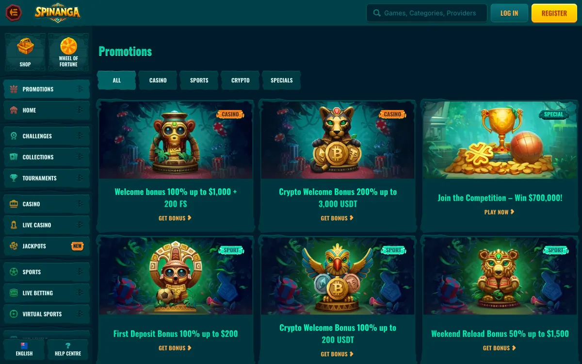 Spinanga Casino — Promotions, captured from New Zealand