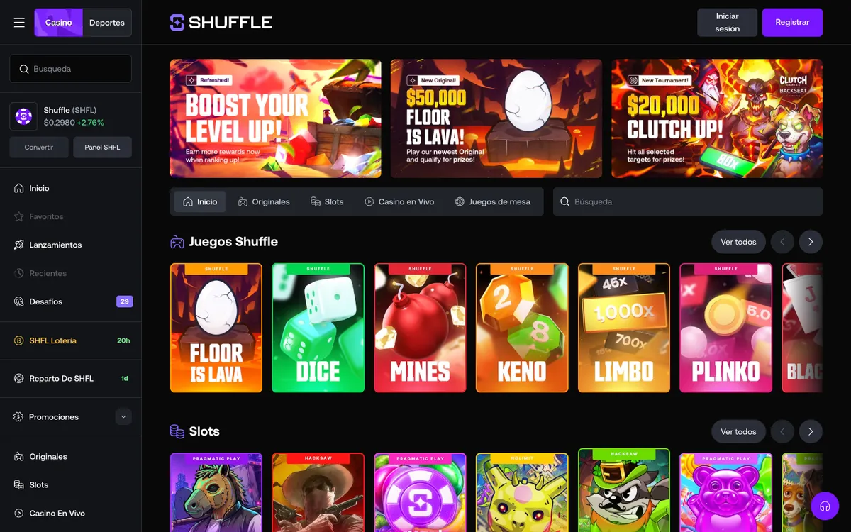 Shuffle Casino — Home page, captured from Mexico