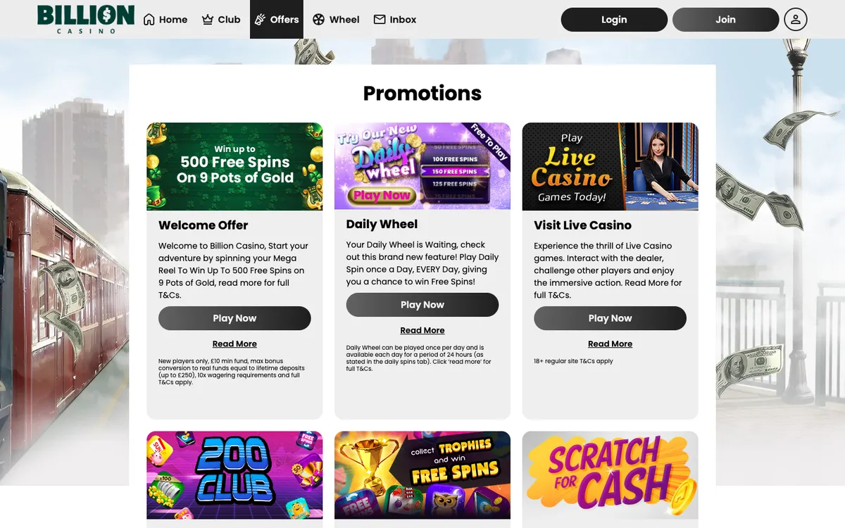 Billion Casino — Promotions, captured from United Kingdom