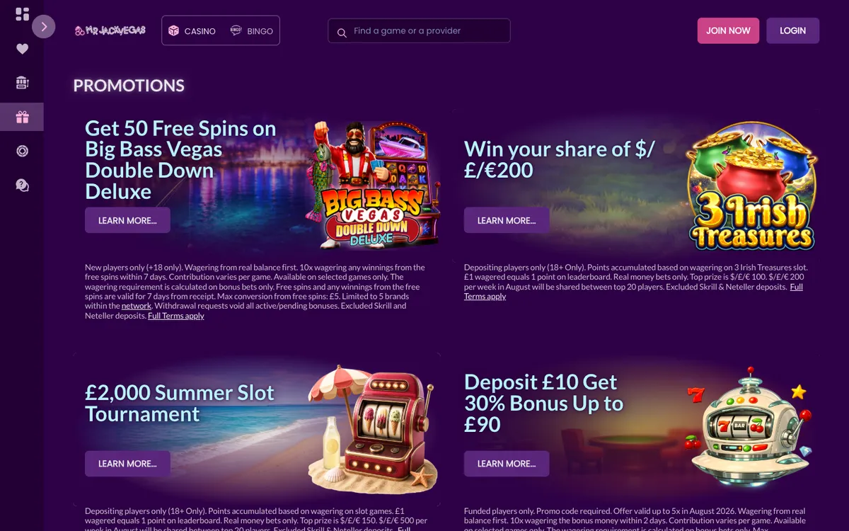 MrJackVegas Casino — Promotions, captured from United Kingdom