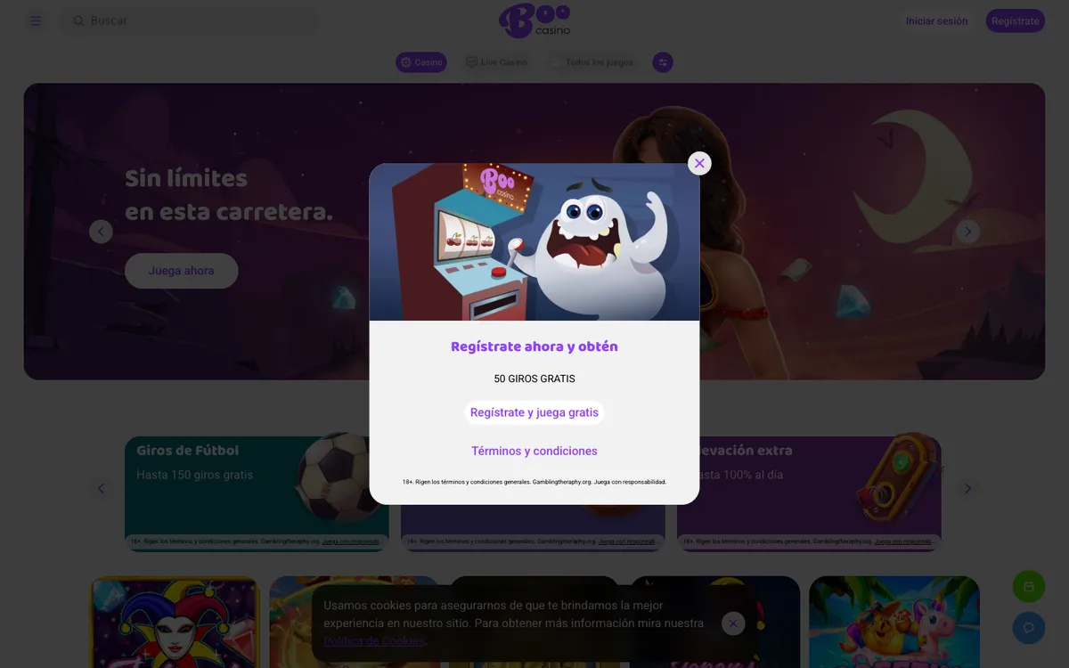 Boo Casino — Home page, captured from Spain