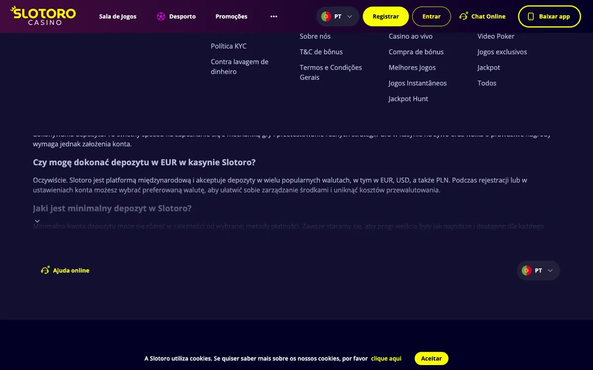 Slotoro Casino — Promotions, captured from Portugal