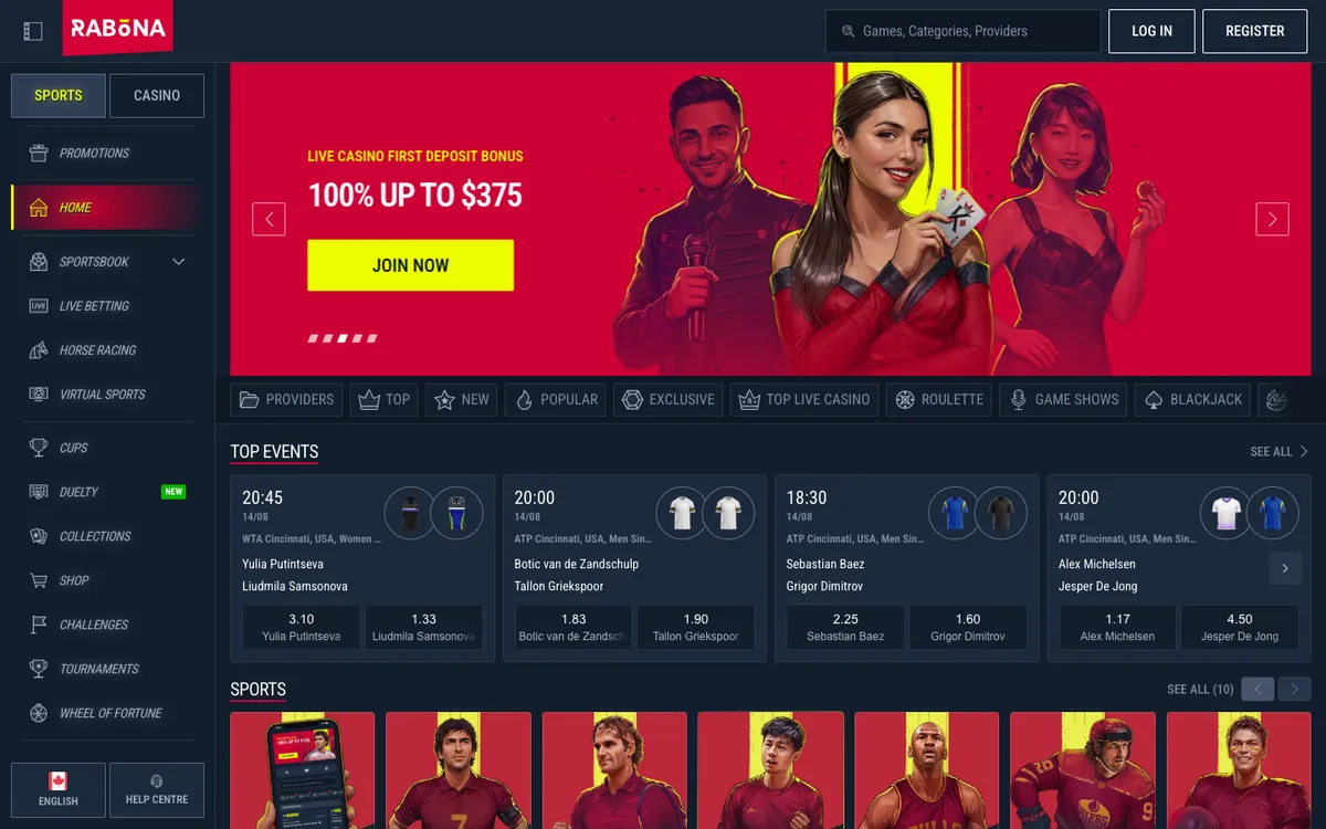 Rabona Casino — Home page, captured from Canada