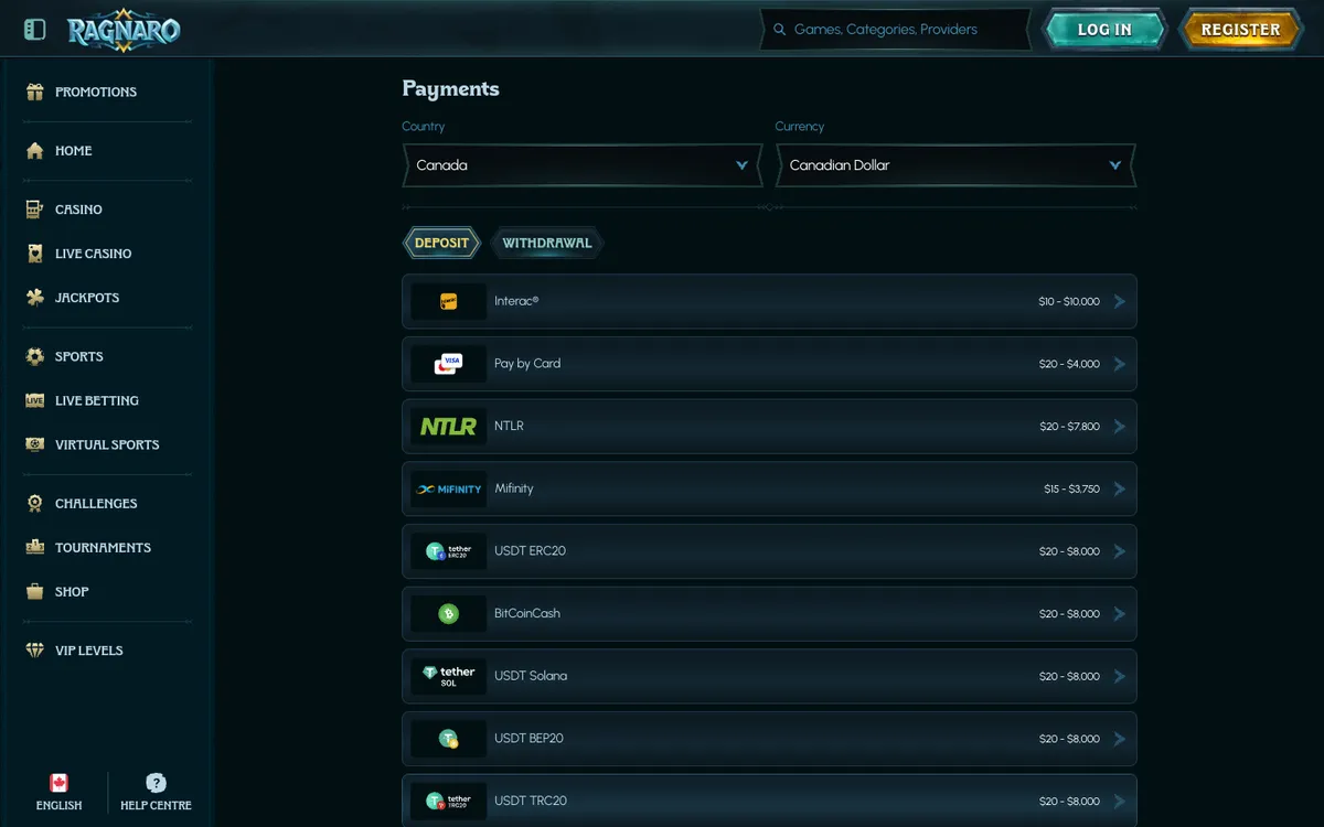 Ragnaro Casino — Payments, captured from Canada