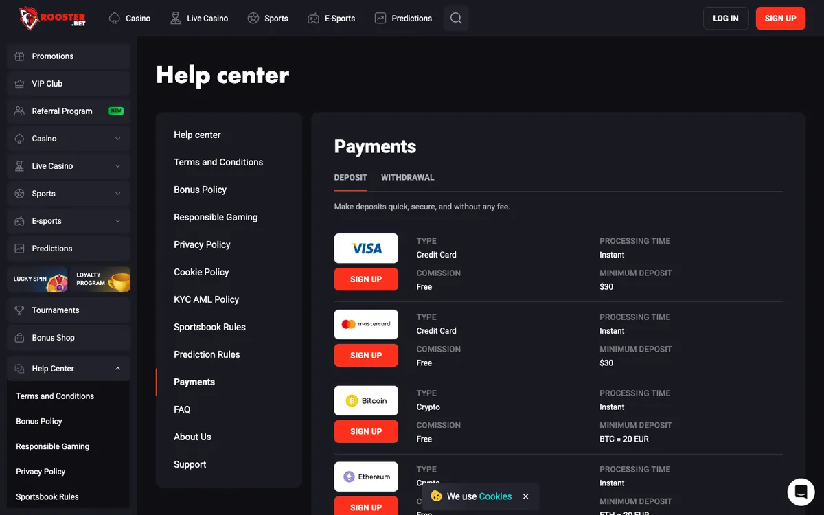 Rooster Bet Casino — Payments, captured from Australia
