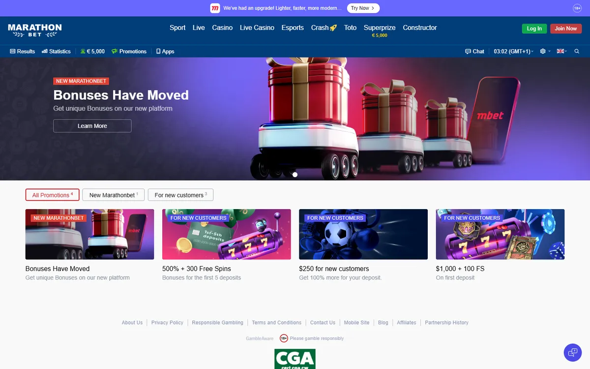 Marathonbet Casino — Promotions, captured from Canada