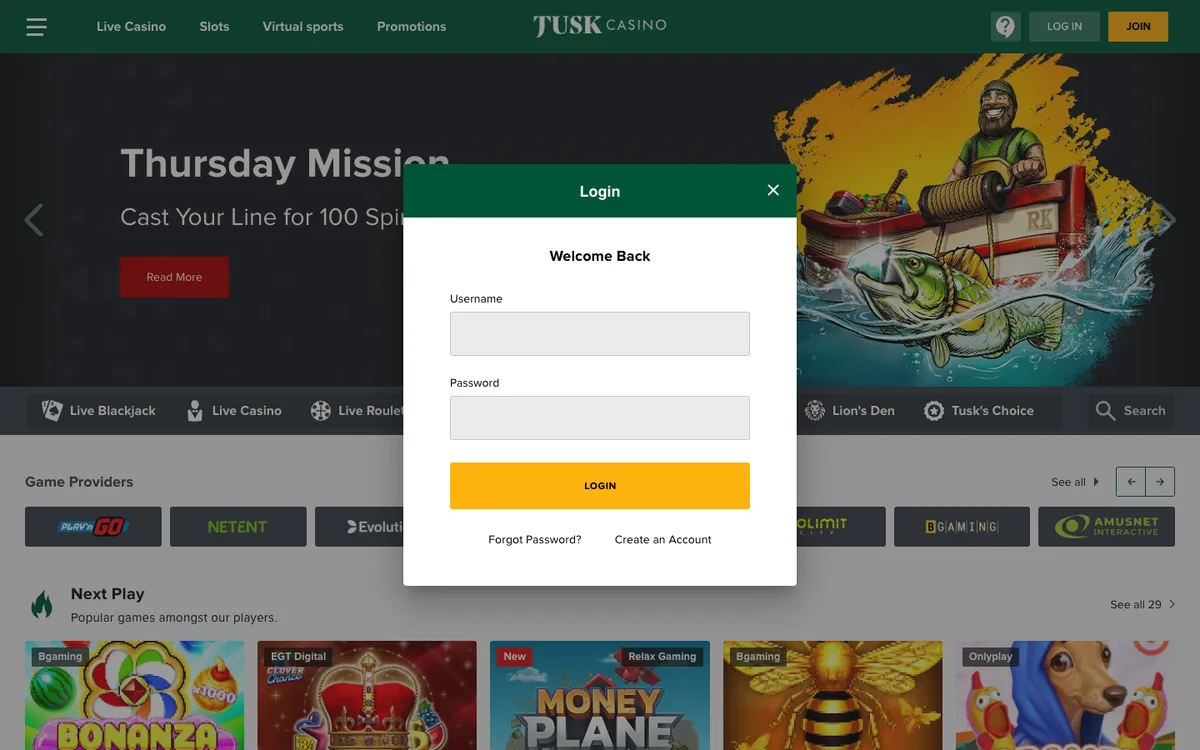 Tusk Casino — Sign-up, captured from South Africa