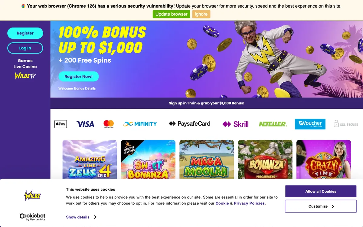 Wildz Casino — Home page, captured from New Zealand