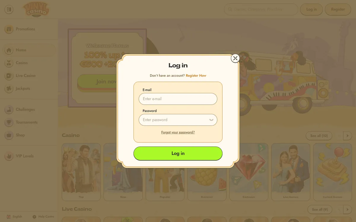 Vinyl Casino — Sign-up, captured from South Africa