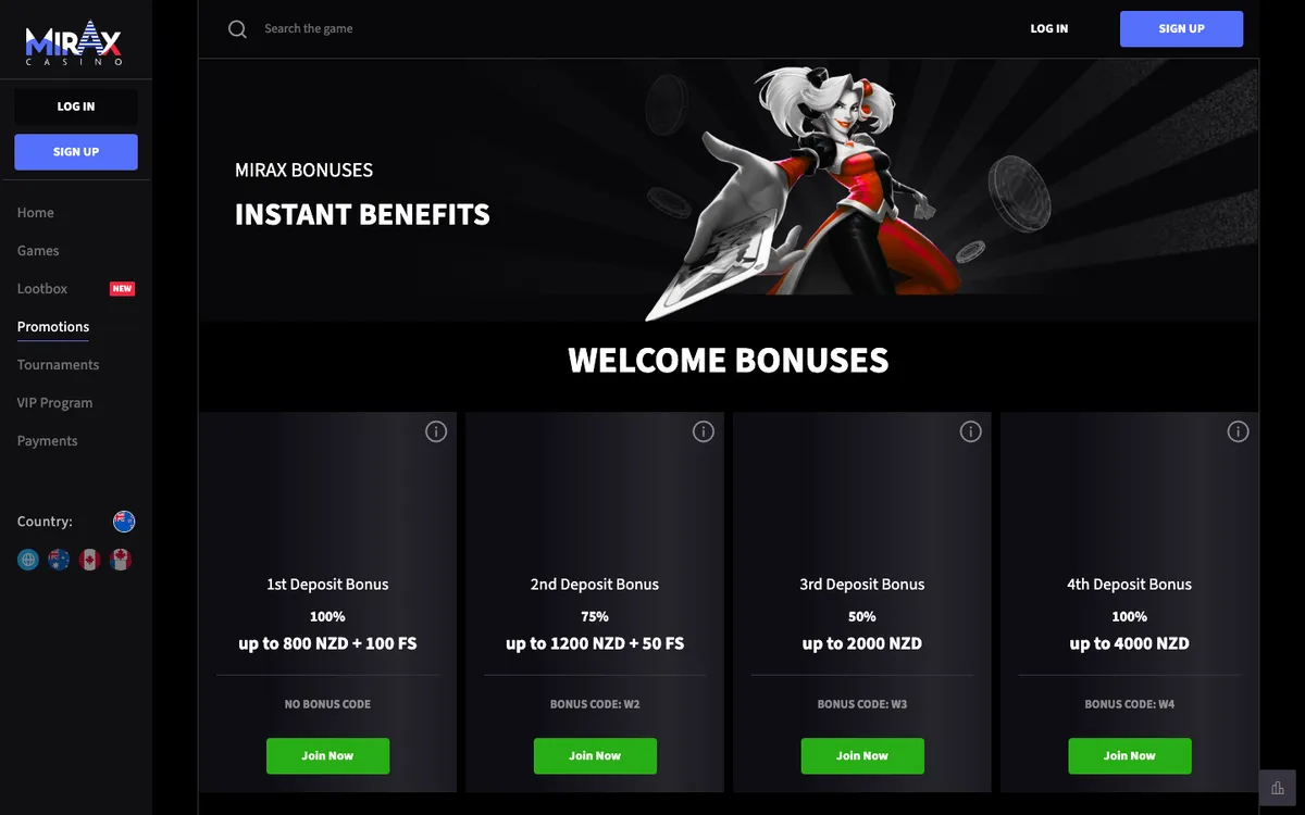 Mirax Casino — Promotions, captured from New Zealand