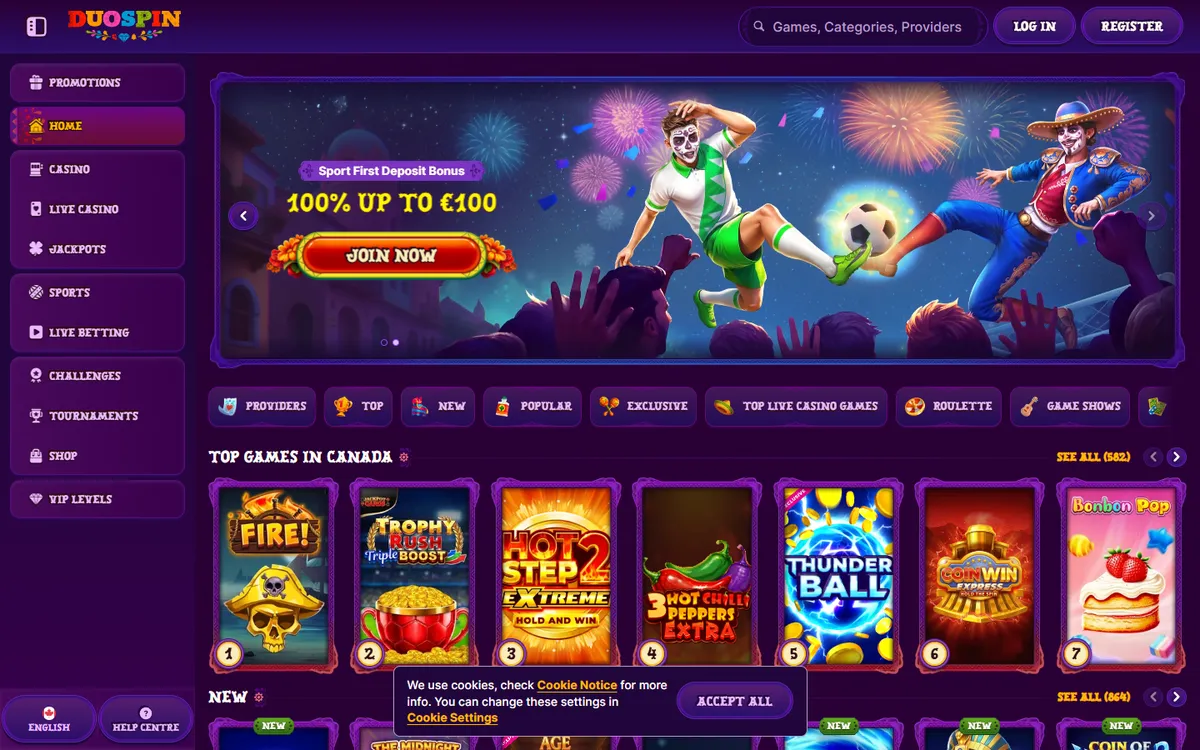 Duospin Casino — Home page, captured from Canada