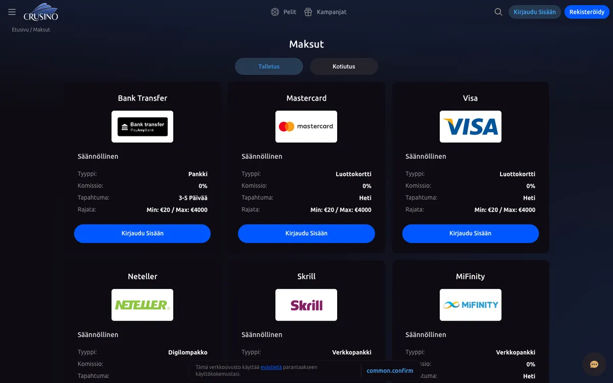 Crusino Casino — «Платежи», снято из страны Финляндия