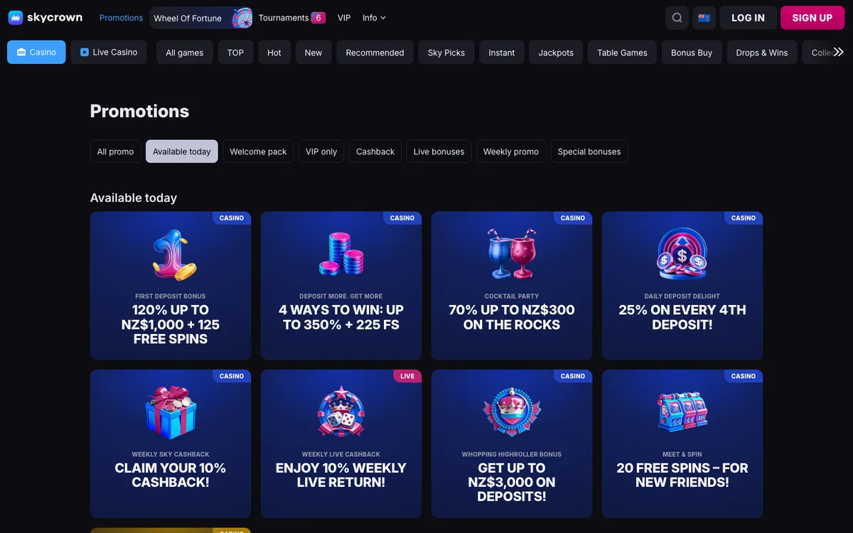 Skycrown Casino — «Акции», снято из страны Новая Зеландия