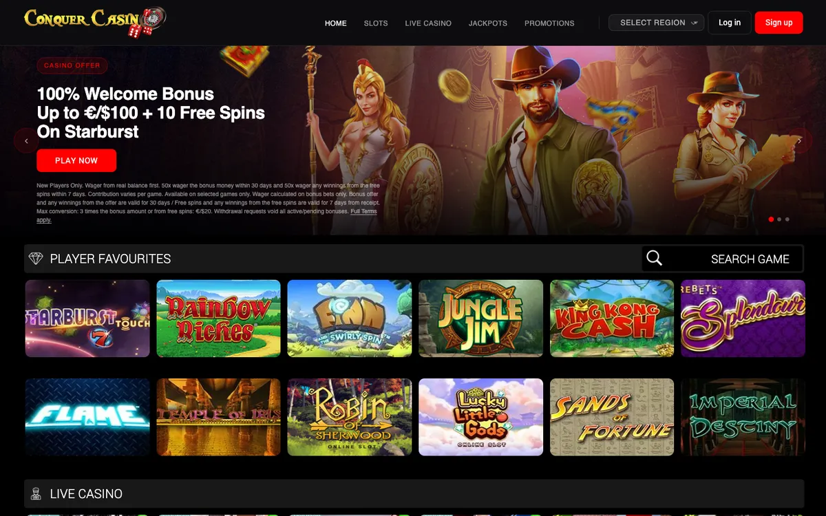 Conquer Casino — «Главная», снято из страны Великобритания