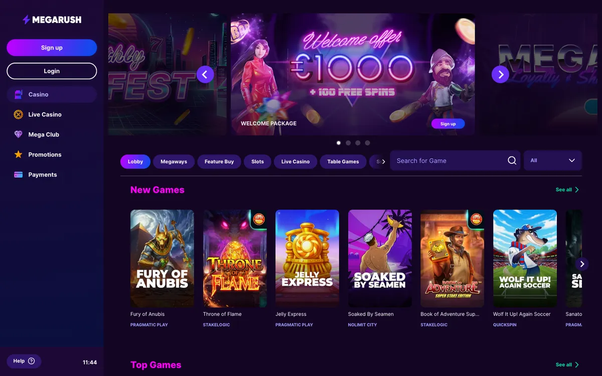 MegaRush Casino — Home page, captured from New Zealand