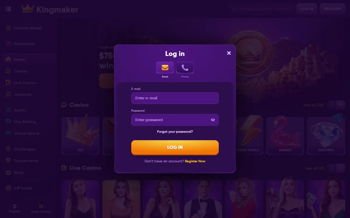 Kingmaker Casino — Sign-up, captured from Canada
