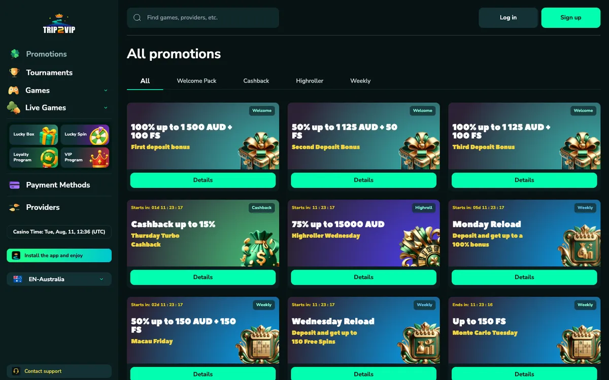 Trip2Vip Casino — «Акции», снято из страны Австралия