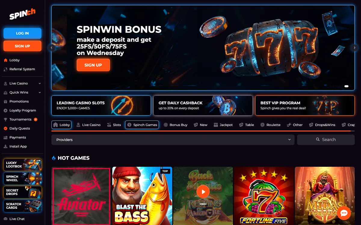 Spinch Casino — «Главная», снято из страны Южно-Африканская Республика