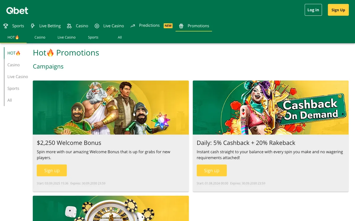 Qbet Casino — «Акции», снято из страны Новая Зеландия