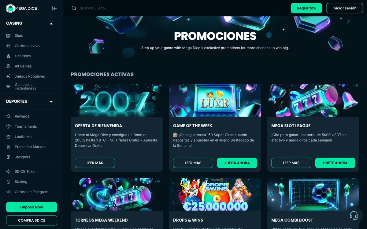 Mega Dice Casino — Promotions, captured from Spain