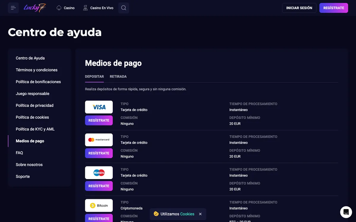 Lucky7even Casino — Payments, captured from Spain