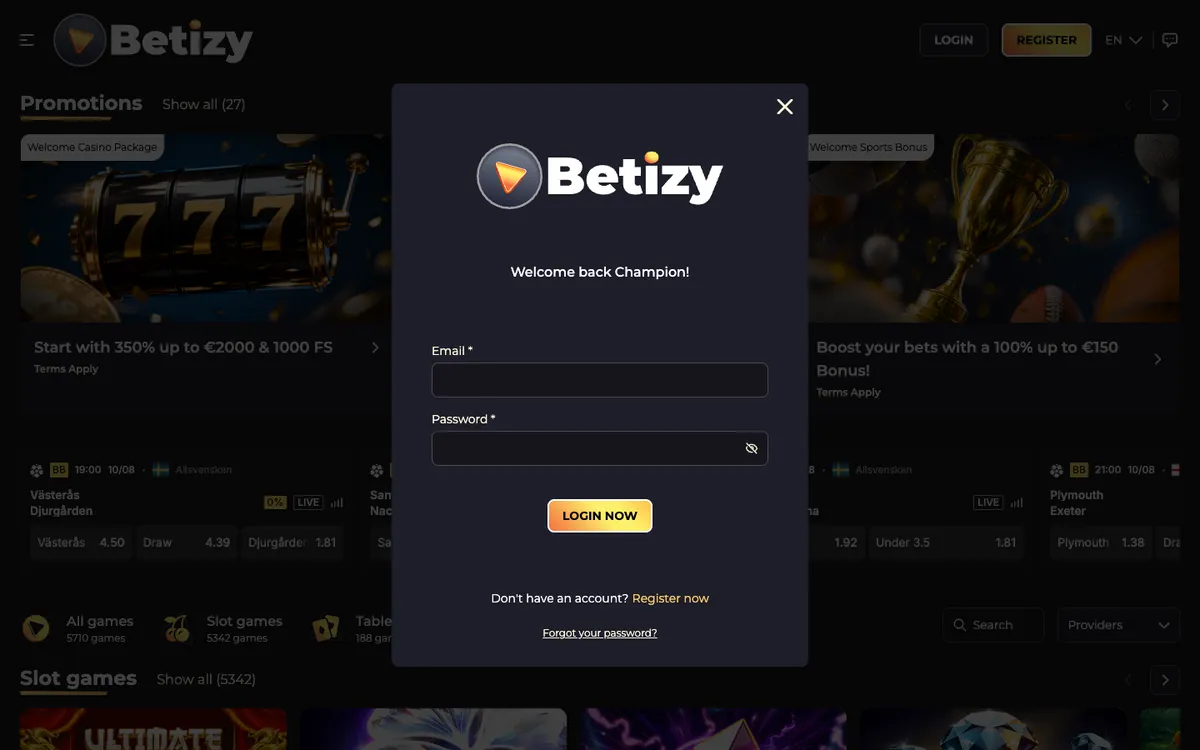 Betizy Casino — «Регистрация», снято из страны Бельгия