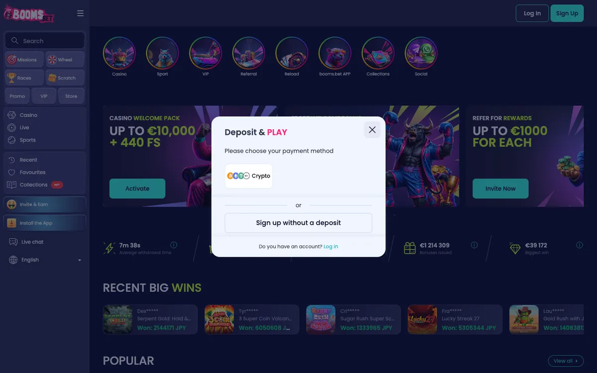 BoomsBet Casino — «Главная», снято из страны Япония