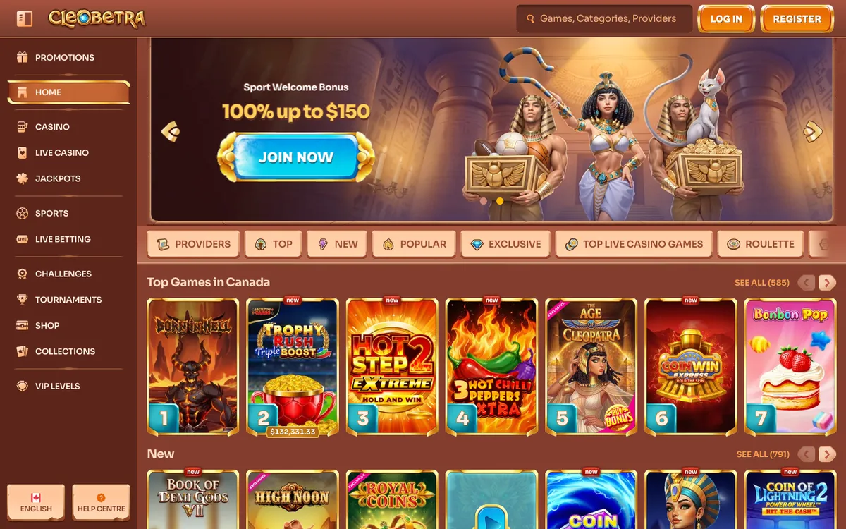 Cleobetra Casino — Home page, captured from Canada