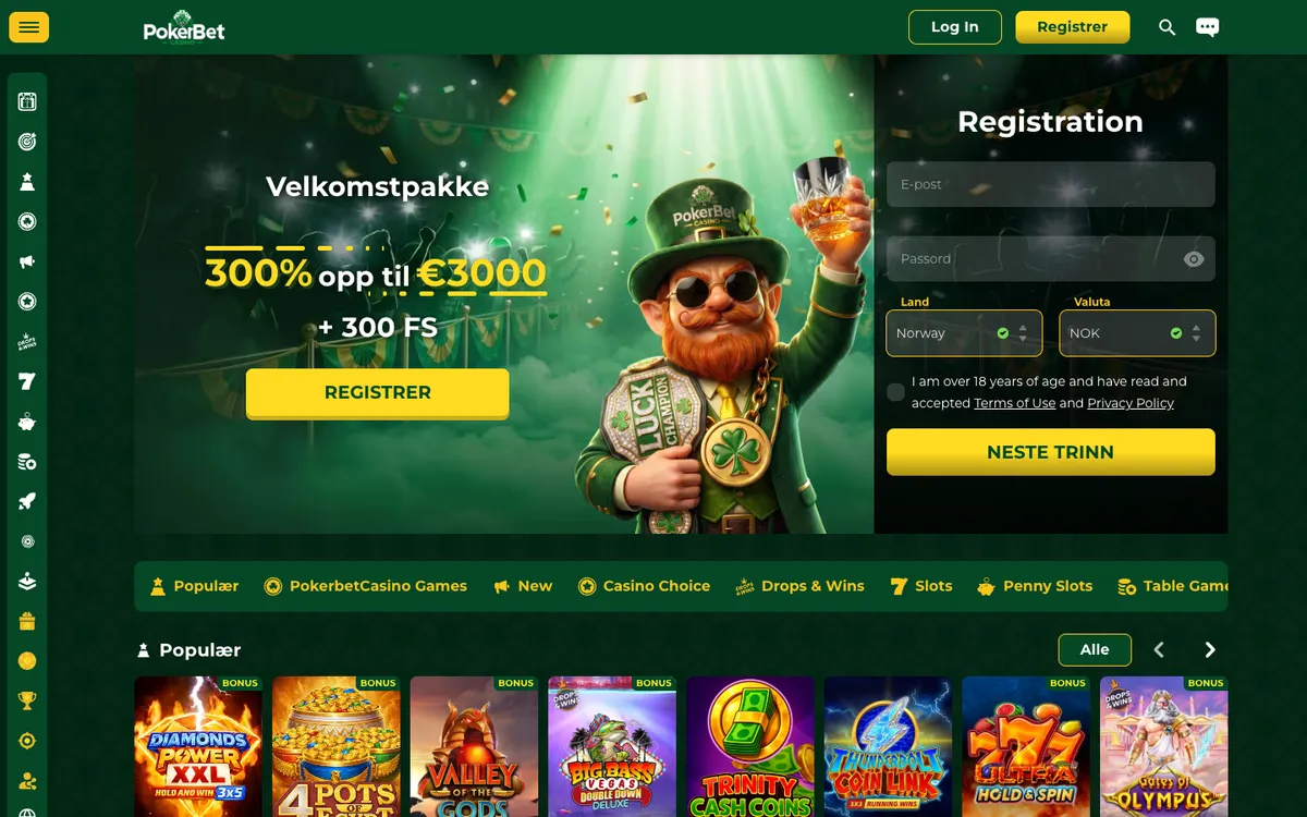 PokerBet Casino — Home page, captured from Norway