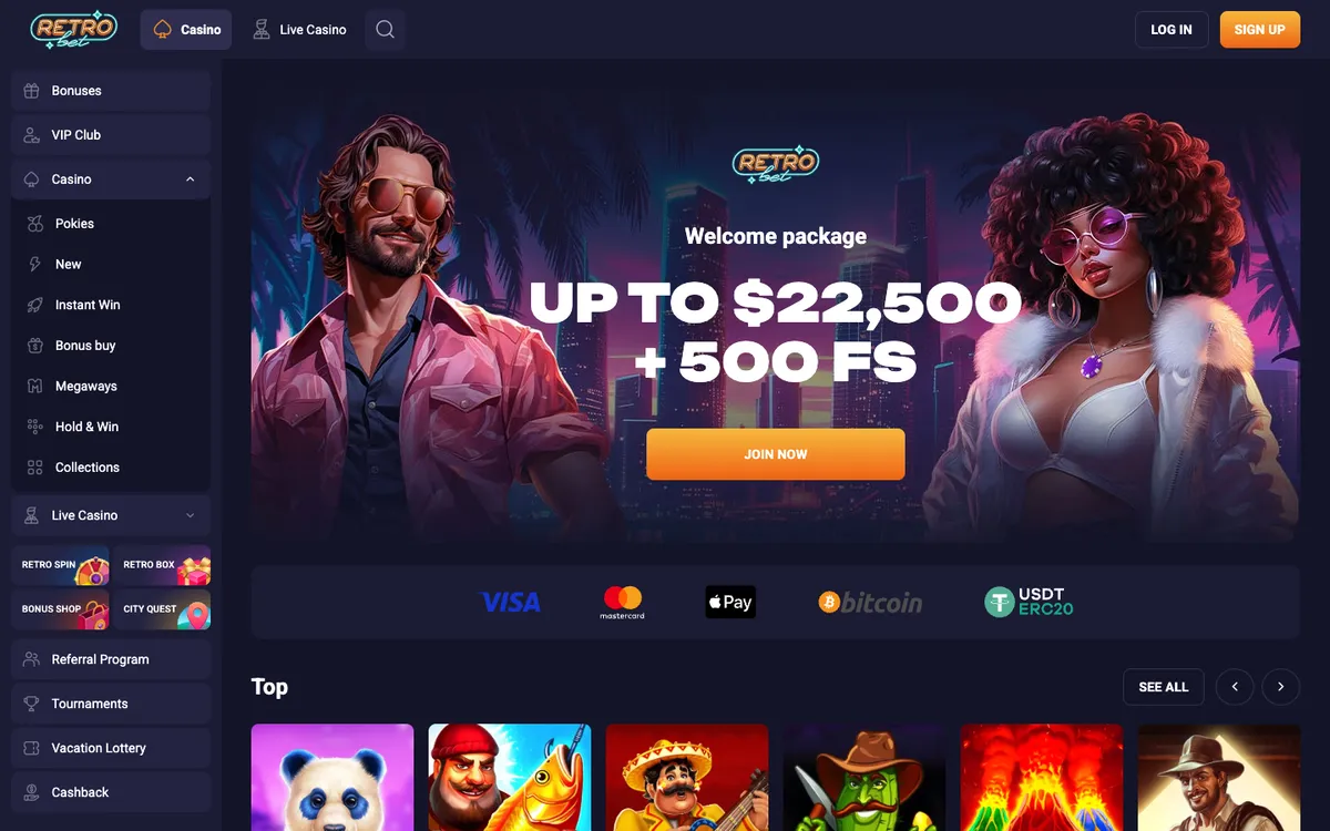 Retro Bet Casino — Home page, captured from Australia