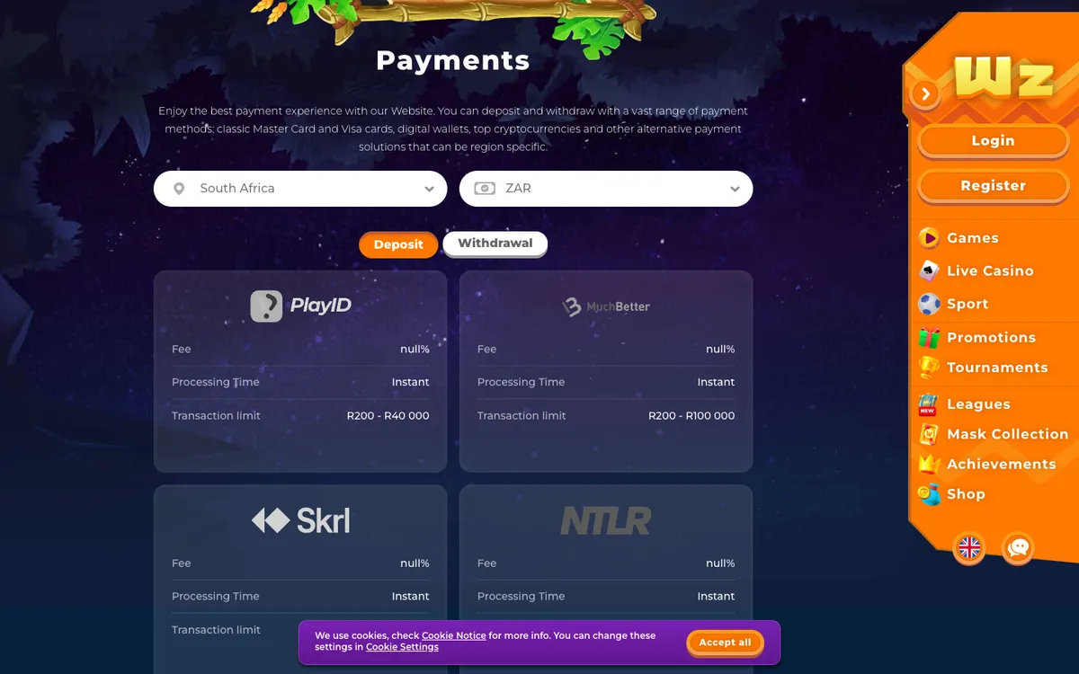 Wazamba Casino — Payments, captured from Nigeria