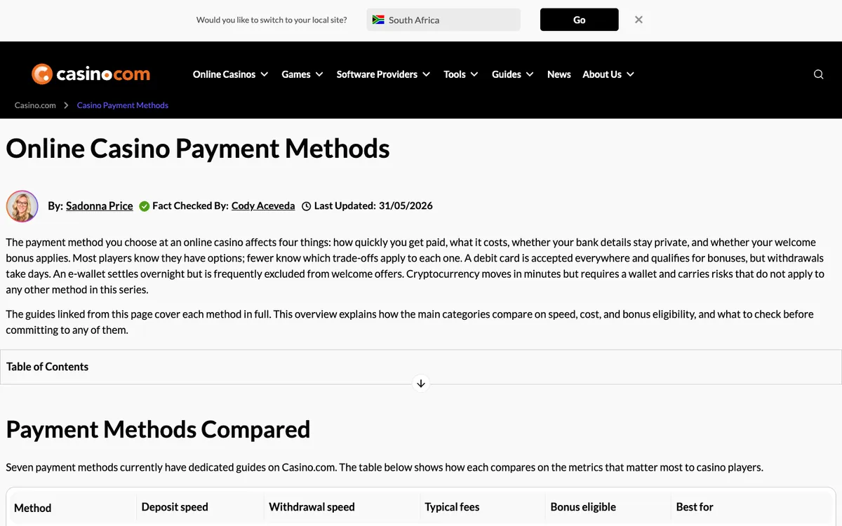 Casino.com — Payments, captured from South Africa