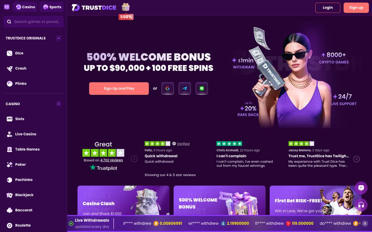 TrustDice Casino — Home page, captured from Australia