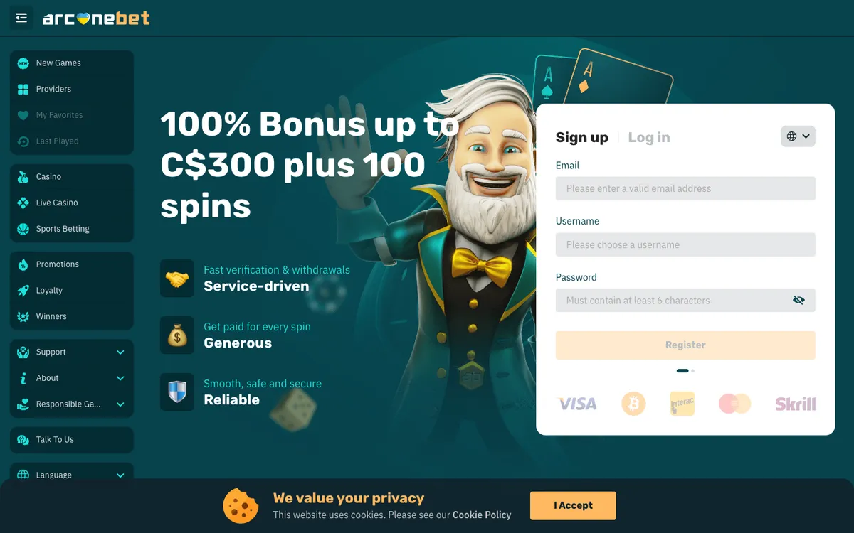 arcanebet Casino — Sign-up, captured from Canada