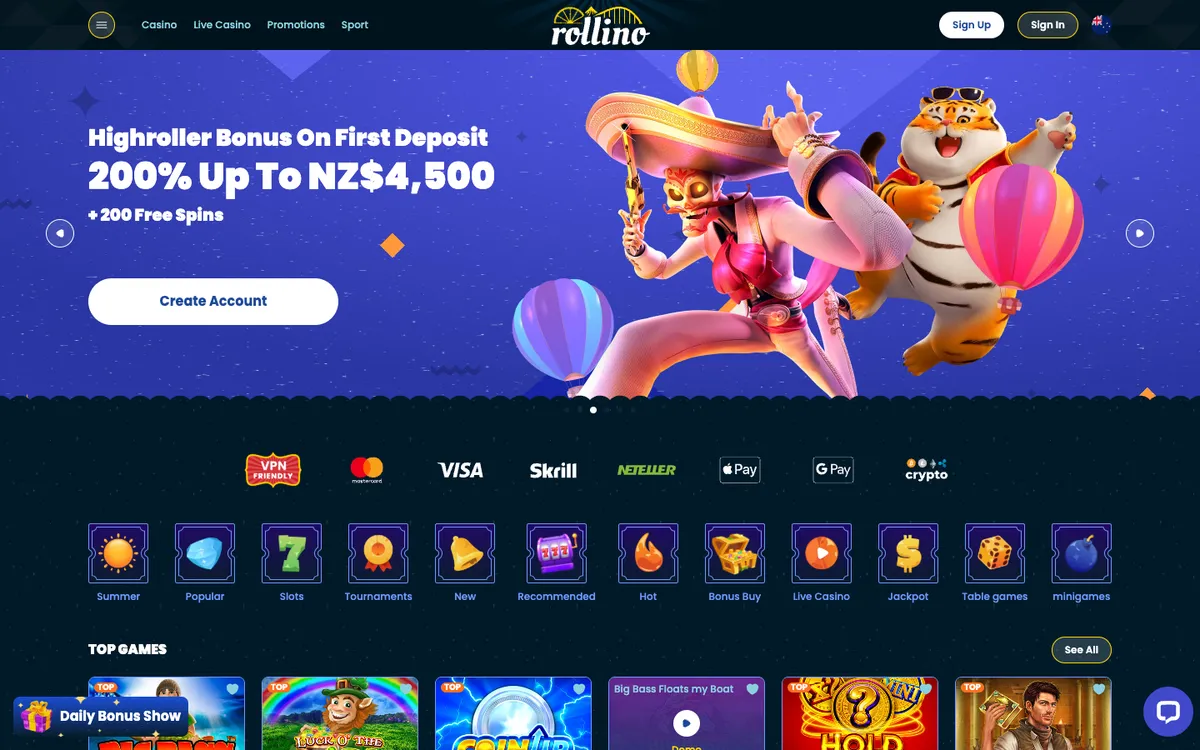 Rollino Casino — Home page, captured from New Zealand