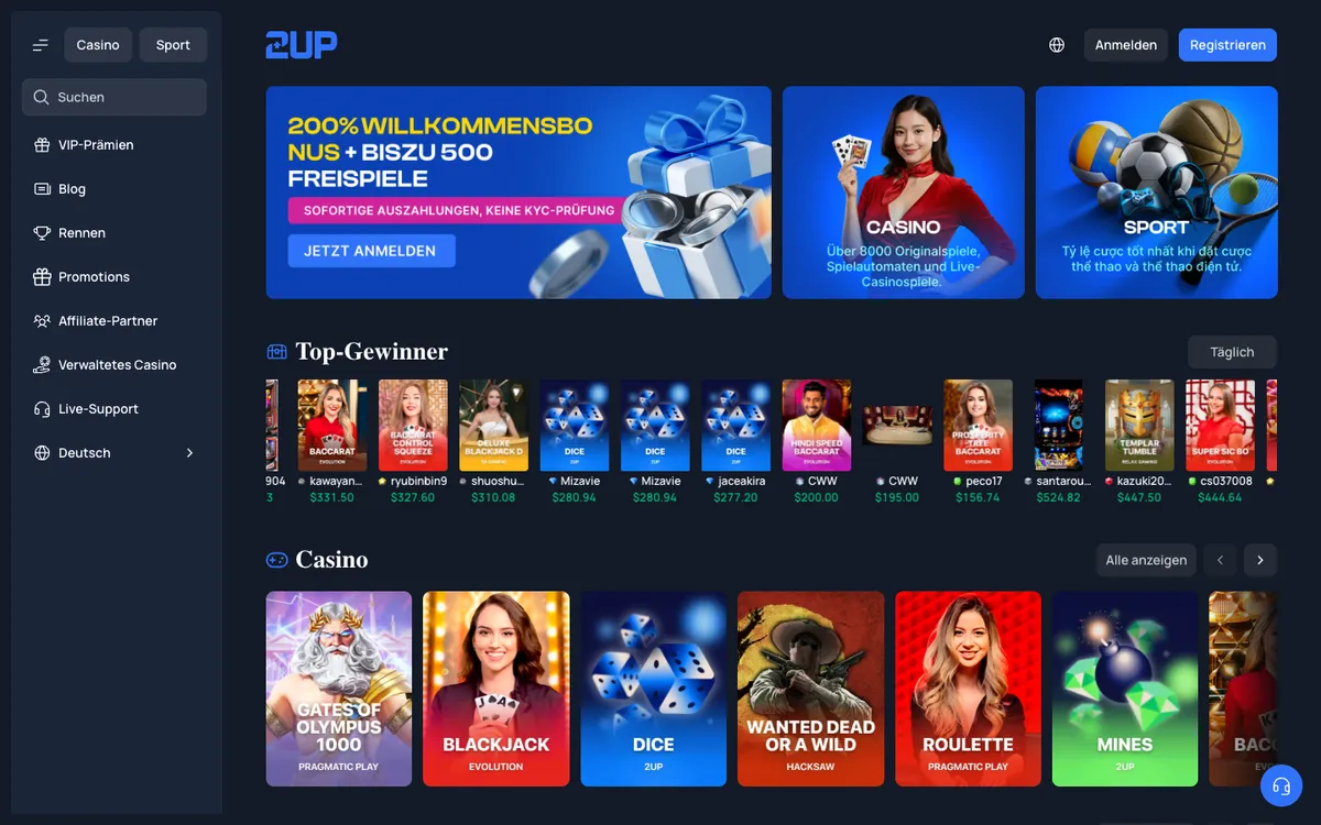 2UP Casino — Home page, captured from Germany