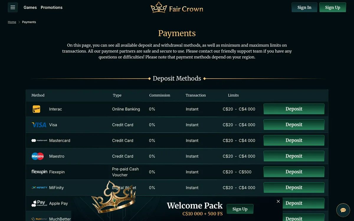 Fair Crown Casino — Payments, captured from Canada