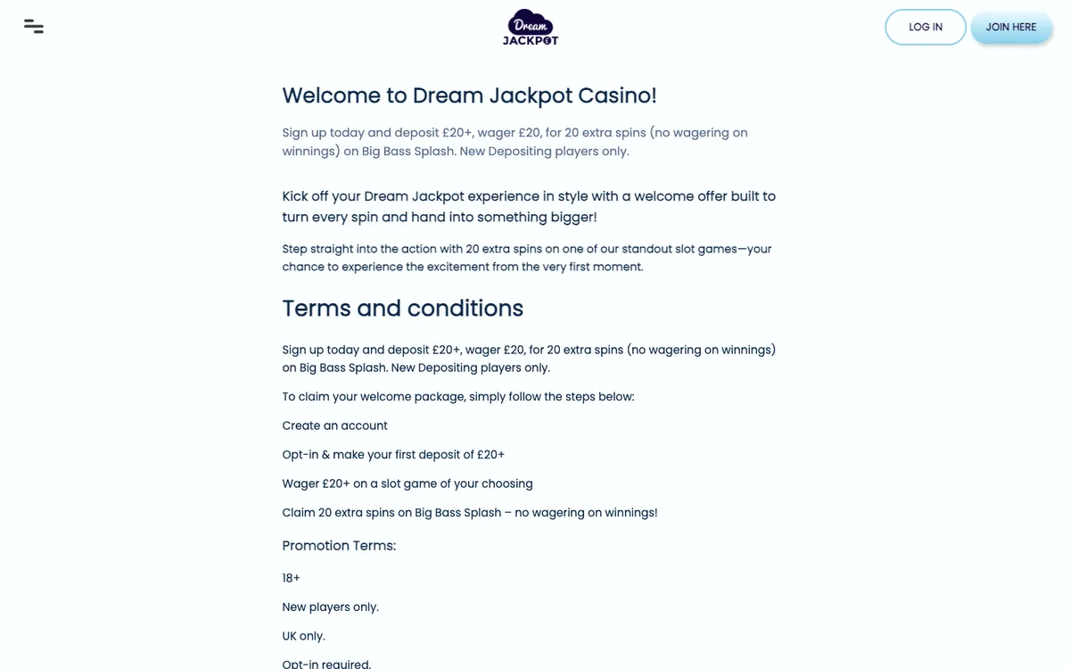 Dream Jackpot Casino — Promotions, captured from United Kingdom