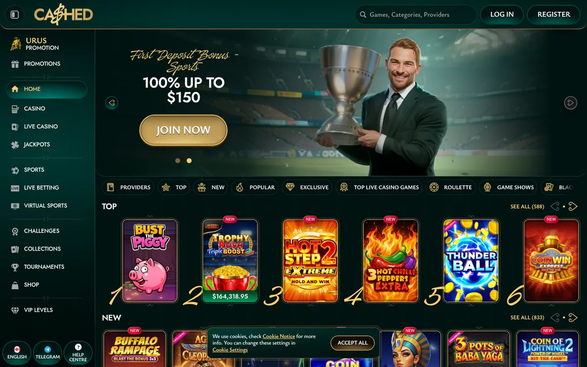 Cashed Casino — Home page, captured from Canada