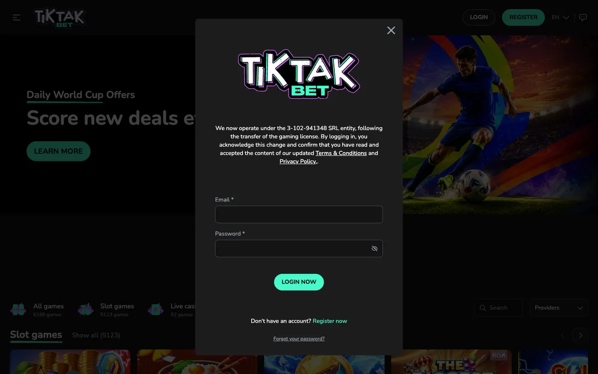 TikTak Bet Casino — Sign-up, captured from United Kingdom