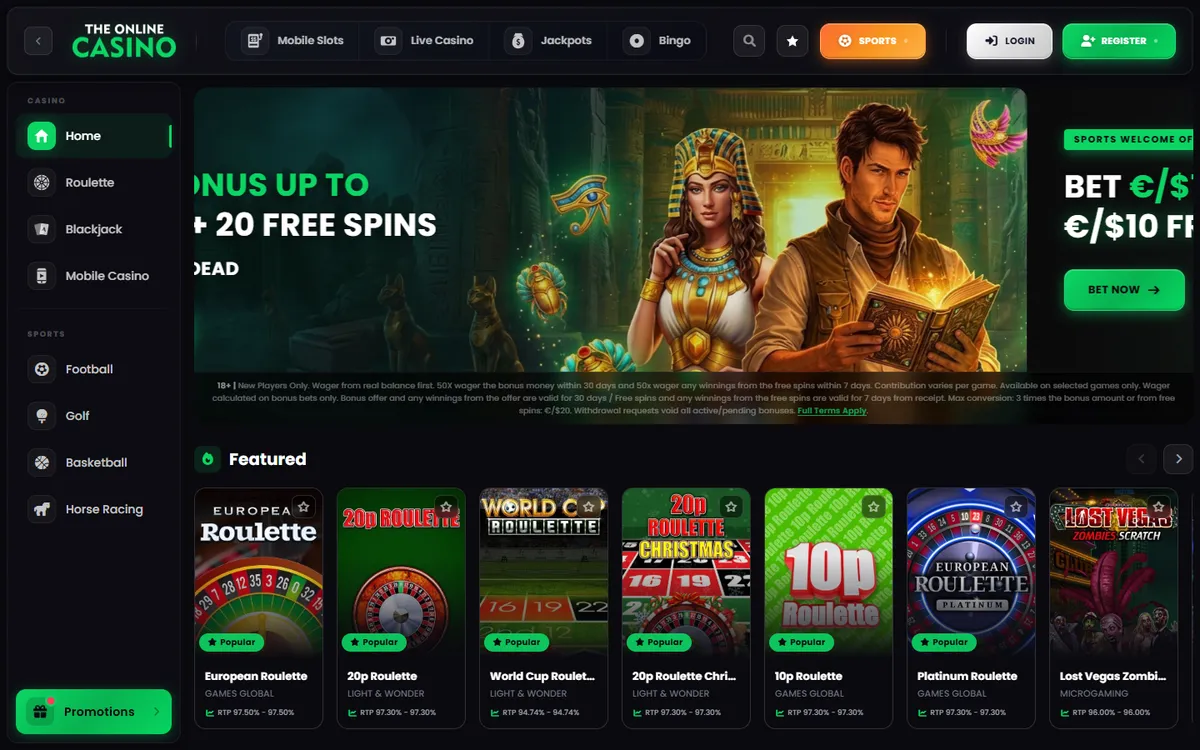 TheOnlineCasino — Home page, captured from Canada