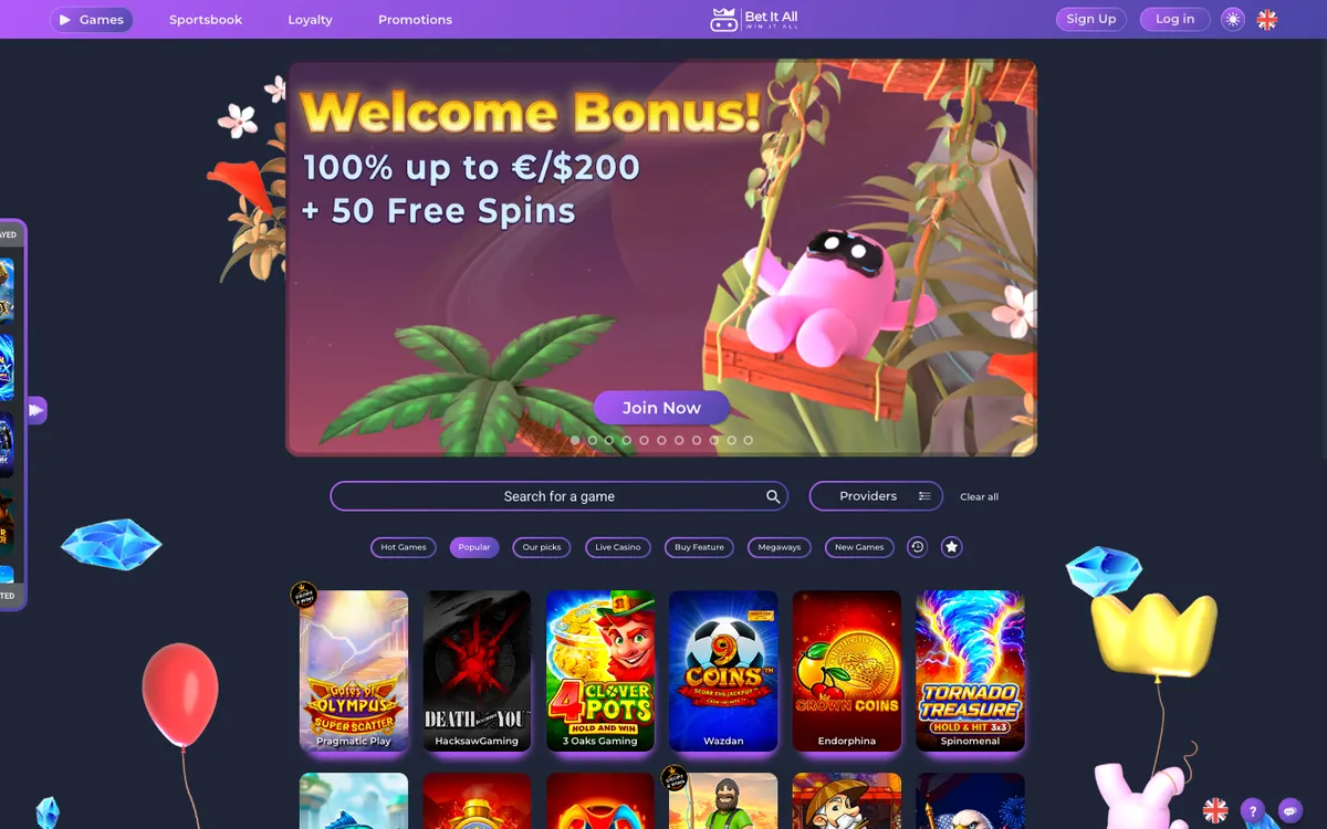 Bet It All Casino — Home page, captured from Belgium
