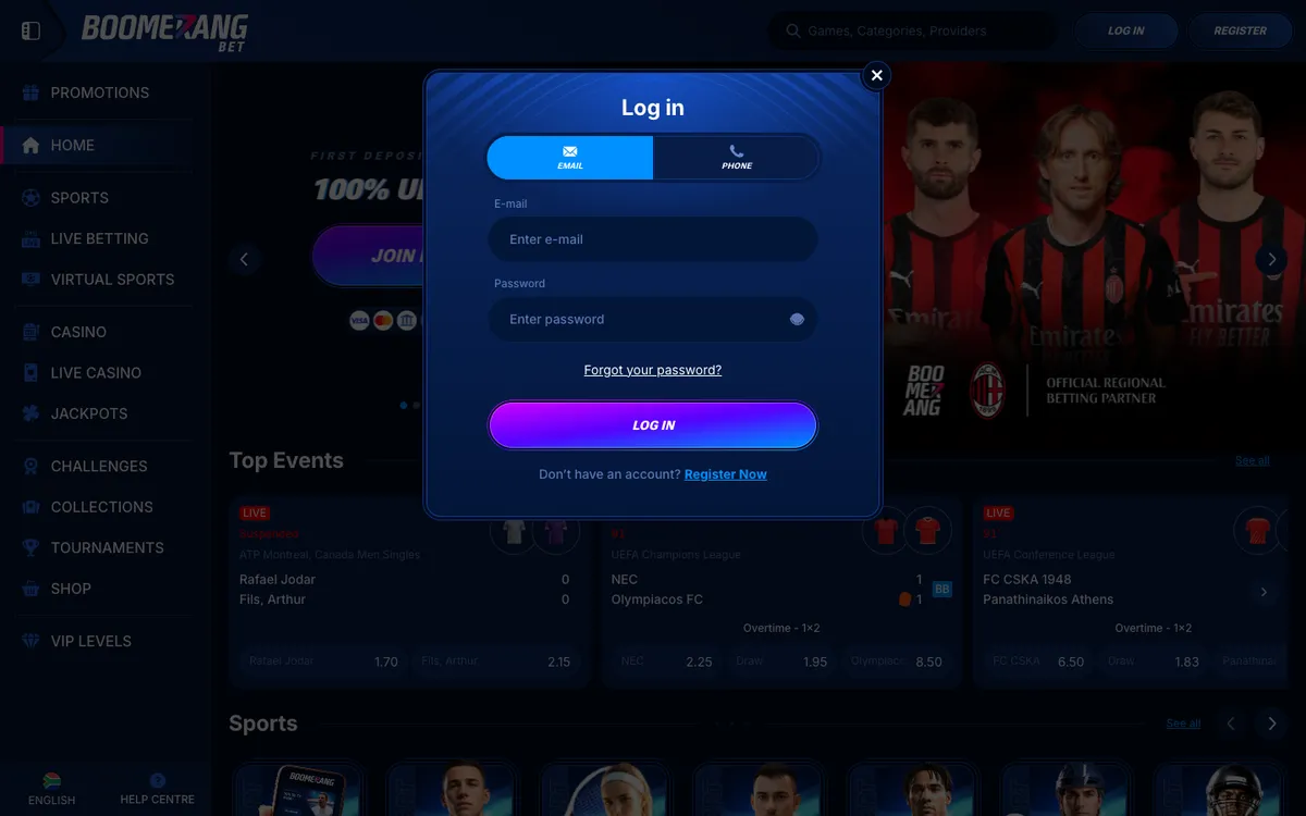 Boomerang-bet Casino — Sign-up, captured from South Africa