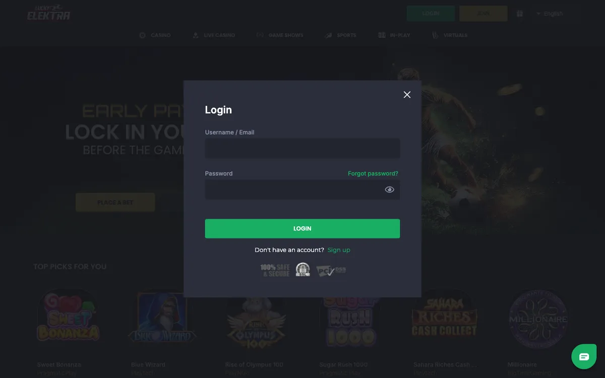 LuckyElektra Casino — Sign-up, captured from Norway