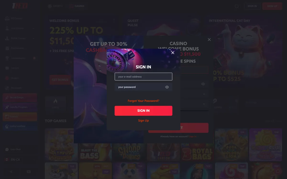 1Red Casino — «Регистрация», снято из страны Канада