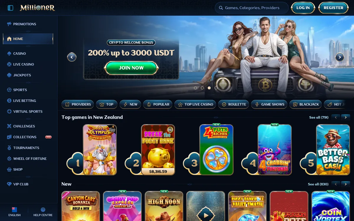 Millioner Casino — «Главная», снято из страны Новая Зеландия