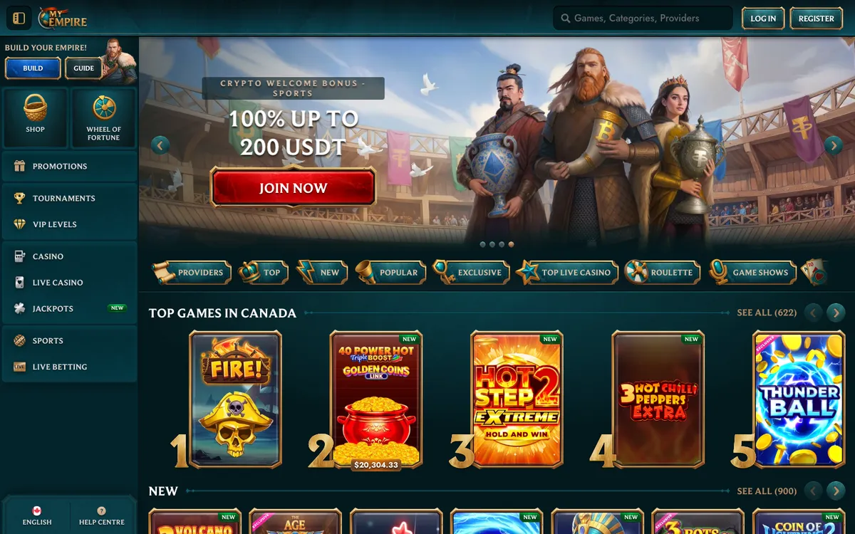 MyEmpire Casino — Home page, captured from Canada