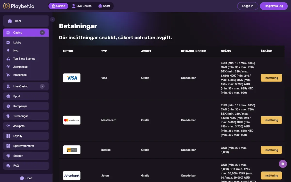 Playbet.io Casino — «Платежи», снято из страны Швеция